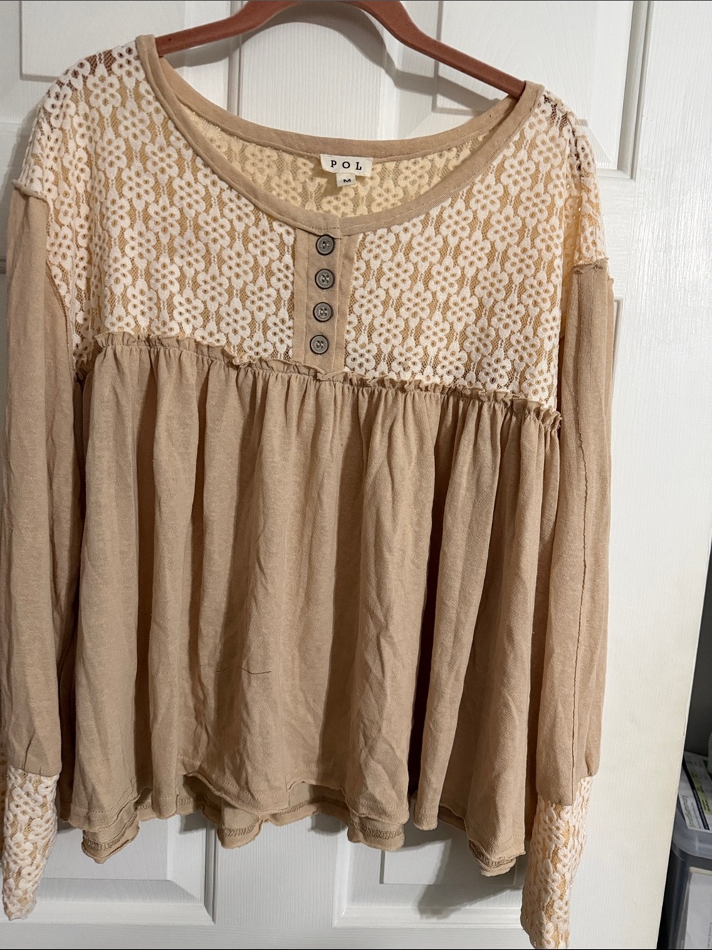 POL Cream Lace Yoke Gathered Peasant Tunic